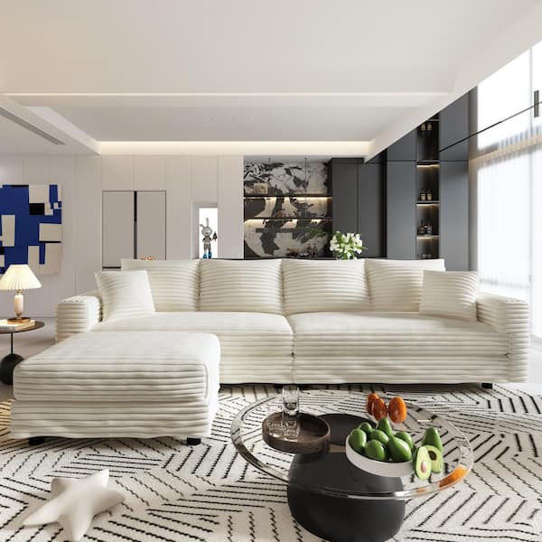 Convertible 102.4 in Corduroy Fabric Sectional Sofa in Beige with Movable Ottoman, 2-Pillows, Lounge Chair, Sofa Bed