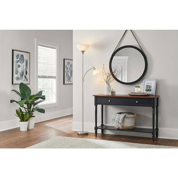 70 in. Brushed Nickel Mother Daughter 2-Light Torchiere Floor Lamp with Plastic Shade