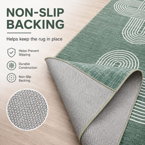Green 2 X 6 ft. Washable Area Rug, Abstract Rainbow Concentric Pattern, Soft Pearl Velvet Non-Slip Floor Carpetf, Indoor