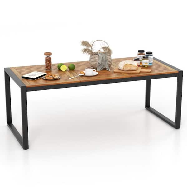 Acacia Wood Patio Dining Table 79 in. W Rectangular Table with with Umbrella Hole for Balcony, Deck or Porch