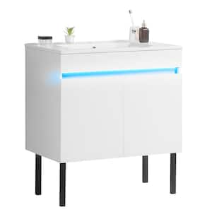 30 in. W x 18 in. D x 32 in. H Single Sink Freestanding/Floating Bath Vanity in White with Ceramic Top, Sensing Light