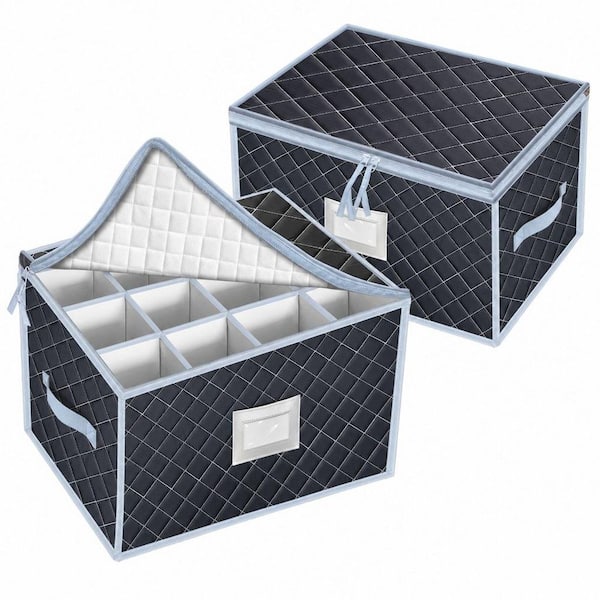 2-Set Grey Wine Glass Storage Box with Dividers Holds 24 Stemware Storage Cases, with Handles and Lable Window