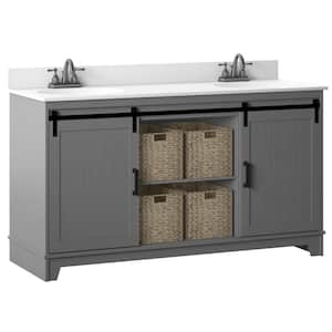 60 in. W x 22 in. D x 37.88 in. H Double Sink Bath Vanity in Antique Gray with White Marble Top and Sliding Barn Door