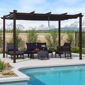 10 ft. x 13 ft. Navy Blue Metal Outdoor Retractable Pergola with Shade Canopy Cover for Beach Deck Gazebo