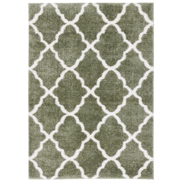Tahoe Shag 5 ft. x 7 ft. Sage/White Trellis Diamond Area Rug
