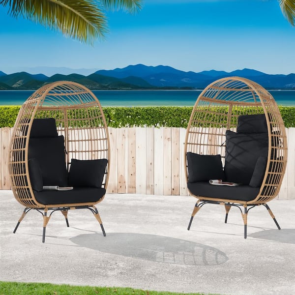 BFB 2 -Pieces Outdoor Oversized Brown Rattan Egg Chair Indoor Outdoor Chair