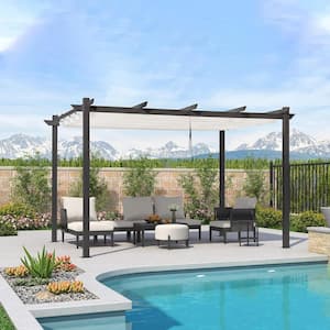 10 ft. x 13 ft. White Aluminum Outdoor Retractable Gray Frame Pergola with Sun Shade Canopy Cover