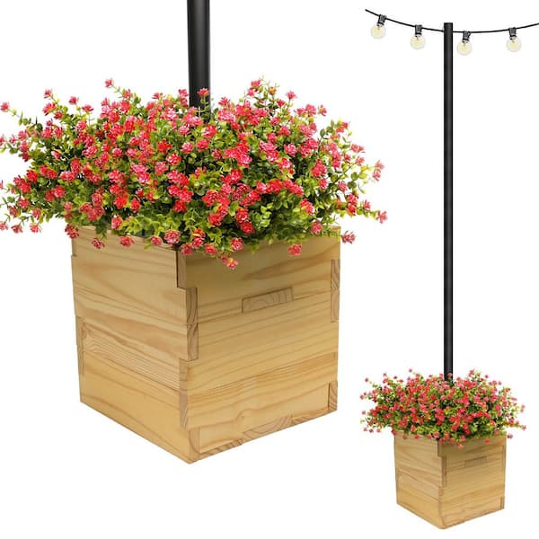 EXCELLO GLOBAL PRODUCTS Large 14 in. Natural Wooden Planter Box with String Light Pole Sleeve