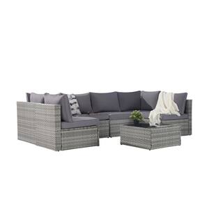 7-Pieces Wicker Rattan Outdoor Furniture Sofa Sectional And Table Set with Gray Cushions