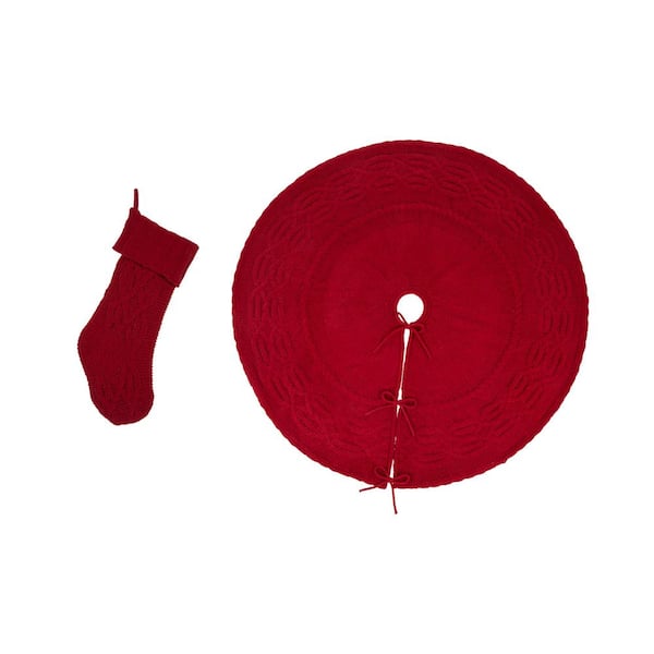 Glitzhome Set of 2 Knitted Polyester Red Christmas Decoration (52 in. Tree Skirt and 22 in. Stocking)