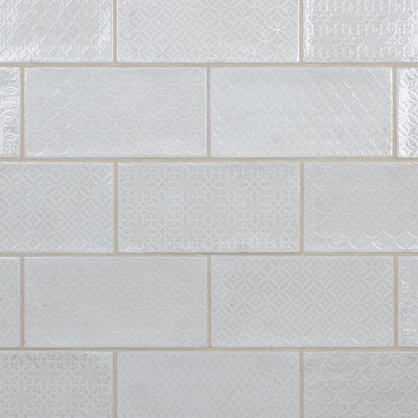 Merola Tile Camden Decor Antique Bianco 4 in. x 8 in. Ceramic Wall Take Home Tile Sample