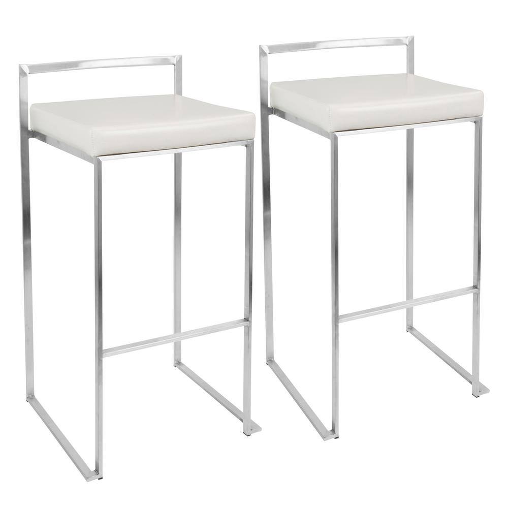Fuji Off-White Leather and Steel Bar Stools, Set of 2