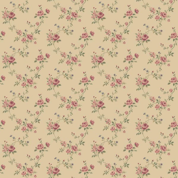 Unbranded Miniatures 2-Red/Green/Cream Rose Floral Trail Design Matte Finish Non-Pasted Vinyl on Non-Woven Wallpaper Sample
