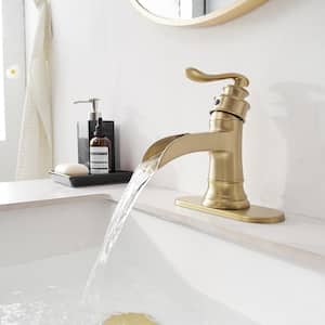 1.2 GPM Waterfall Single Hole Single-Handle Low-Arc Bathroom Faucet Water-Saving Vanity With Drain Kit In Brushed Gold