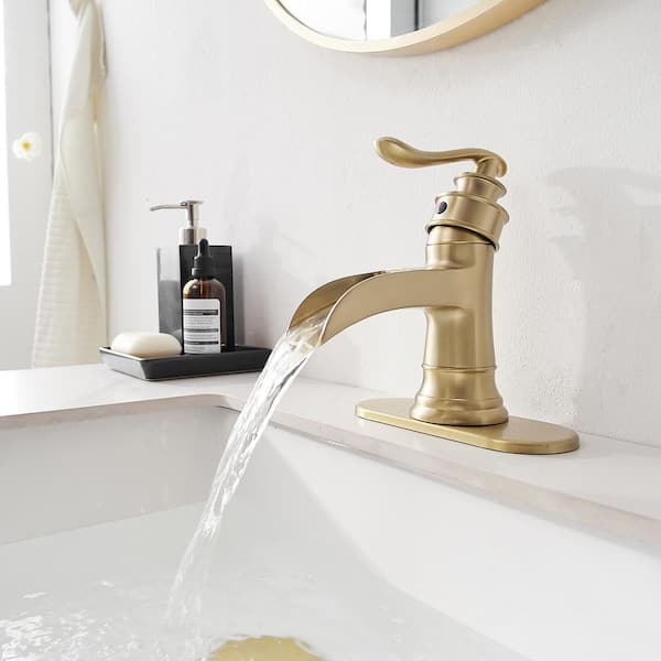 Single Handle Single Hole Bathroom Faucet with Deckplate Included and Drain Kit Included in Brushed Gold