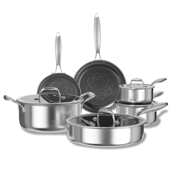 10-Piece Stainless Steel Nonstick Cookware Set, Ceramic Coated Non-Toxic Pots and Pans, Induction Compatible in Silver