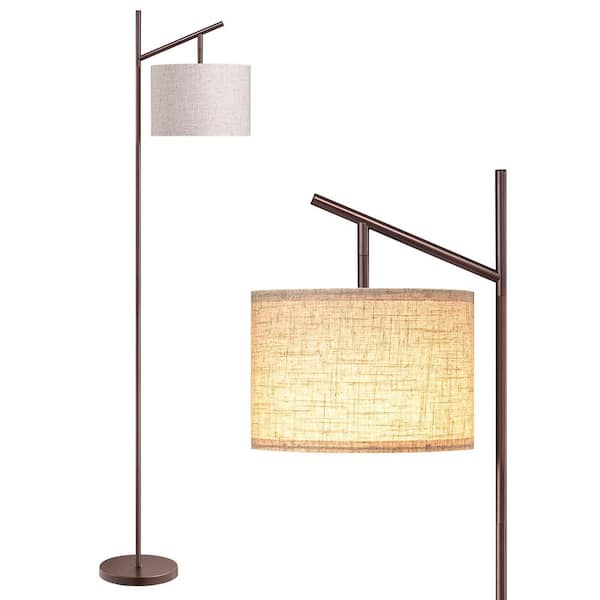 65 in. Tan Brown Modern Simple 1-Light LED Energy Efficient Arc Floor Lamp with Beige Fabric Drum Shade