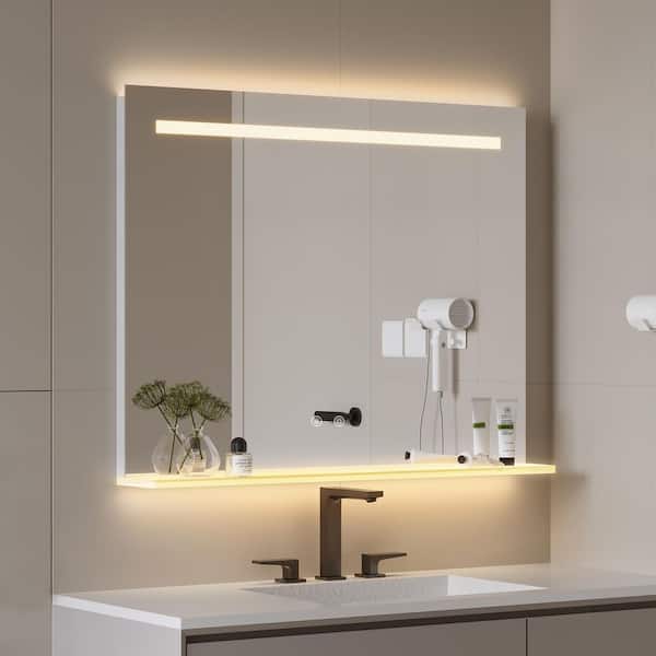 36 in. W x 28 in. H Rectangular Frameless Wall Bathroom Mirror with Shelf Modern Bathroom Vanity Mirror in White