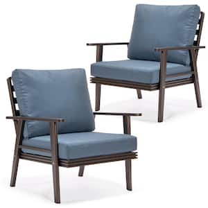 Walbrooke Modern Outdoor Arm Chair with Brown Powder Coated Aluminum Frame and Removable Cushions for Patio (Navy Blue)