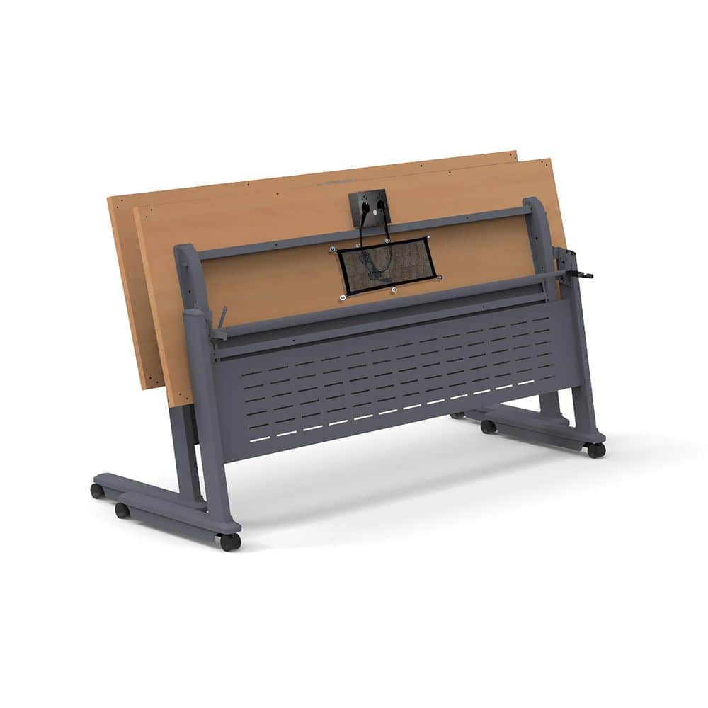 Side view of a folded beech seminar table showing the underside and power outlet.