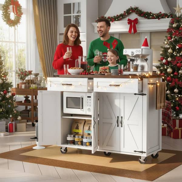 White Wood 53.5 in. W Farmhouse Rolling Kitchen Island Cart with Drop Leaf and Power Outlet