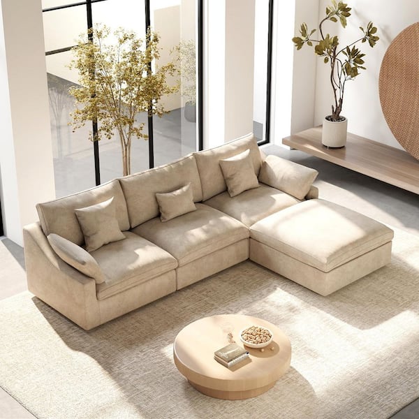 119 in. Square Arm Linen 4-Piece Oversized L-Shaped Cloud Modular Sectional Sofa with Ottoman, Washable Covers in Khaki