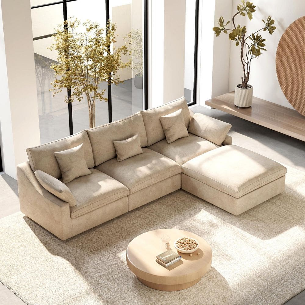119 in. Square Arm Linen 4-Piece Oversized L-Shaped Cloud Modular Sectional Sofa with Ottoman, Washable Covers in Khaki price history on PriceWatchPro