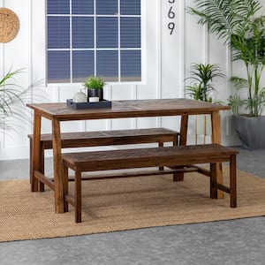 Dark Brown 3-Piece Acacia Wood Boho Rectangle Table and Benches Outdoor Dining Set