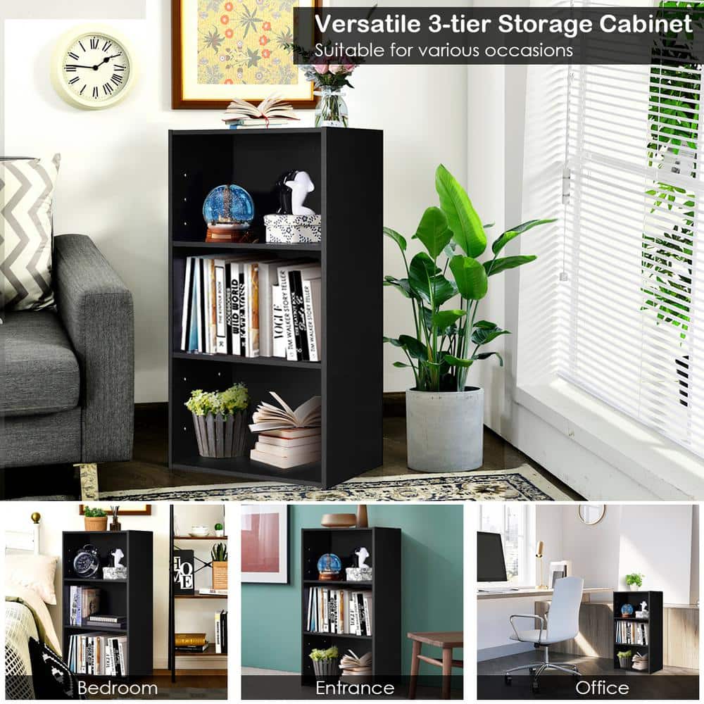 Black MDF Modern 3-Tier Open Shelf Bookcase