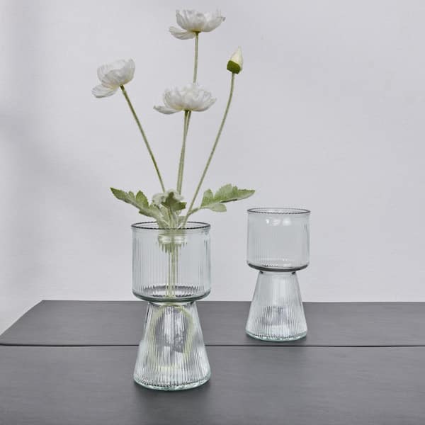 Ribbed Glass Vase with Pedestal Base – Small Bud Vase for Flowers, Round Home Decor – 7.48 in. H Vase in Clear
