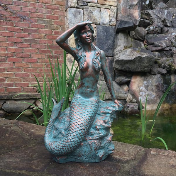 Inch Bronze Sexy Mermaid hot Sitting on Shore Rock Beach Nautical Oversized Statue