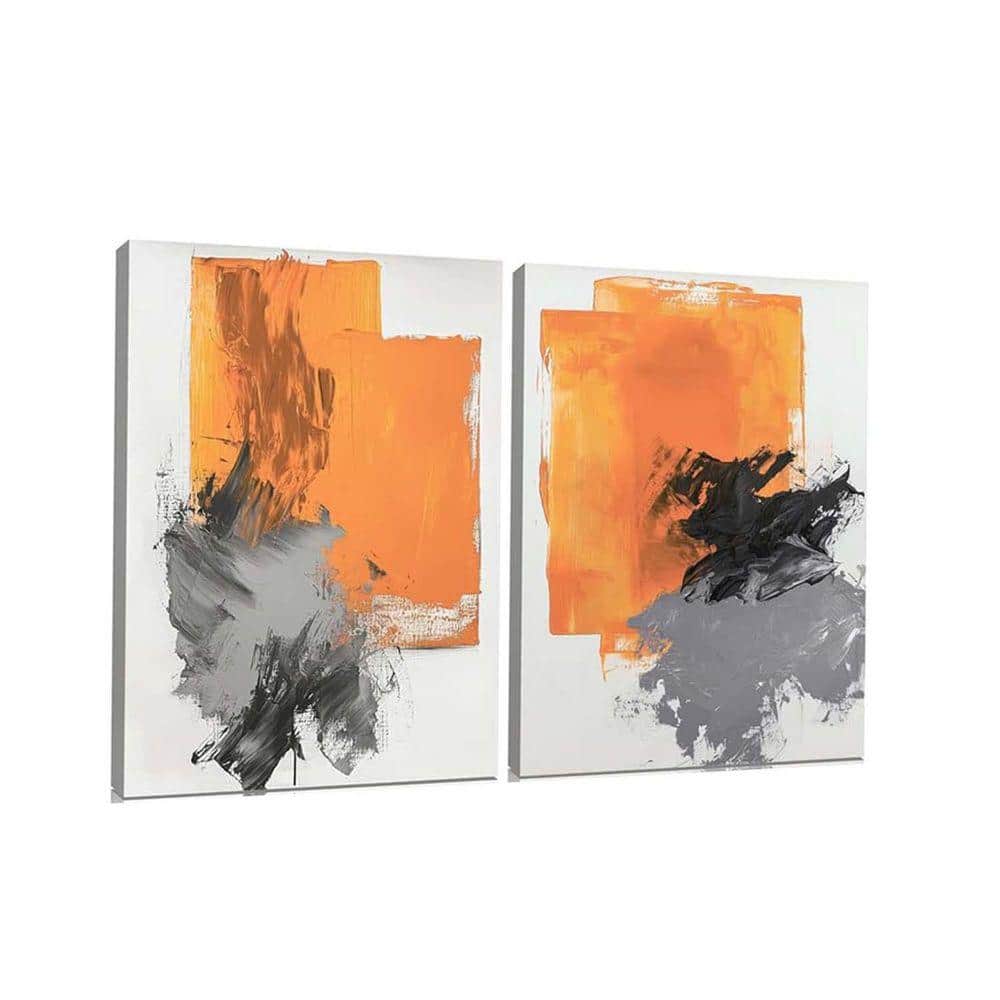 Abstract 2 Panels Wall Art Set, Modern Orange & Gray Canvas Prints