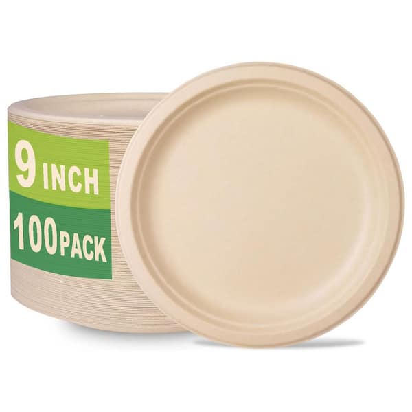 Unbleached Biodegradable 9-Inch Heavy-Duty Compostable Plates (100 Count)