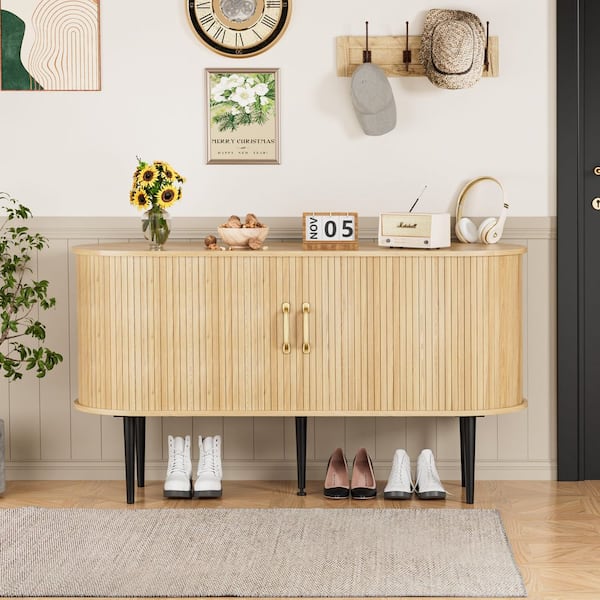 55 in. Sideboard Buffet Accent Cabinet with Sliding Tambour Door, Shelves, and Curved Side Cabinet in Wood Color