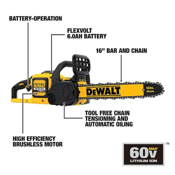 DEWALT FLEXVOLT 60V MAX 16in. Brushless Cordless Battery Powered Chainsaw Kit with 1 FLEXVOLT 2 Ah Battery Charger DCCS670T1 The Home Depot