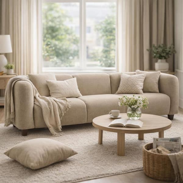 87 in. W Round Arm Velvet Upholstered Rectangle Modern 3 Seater Sofa in Nomad with 2 Pillows