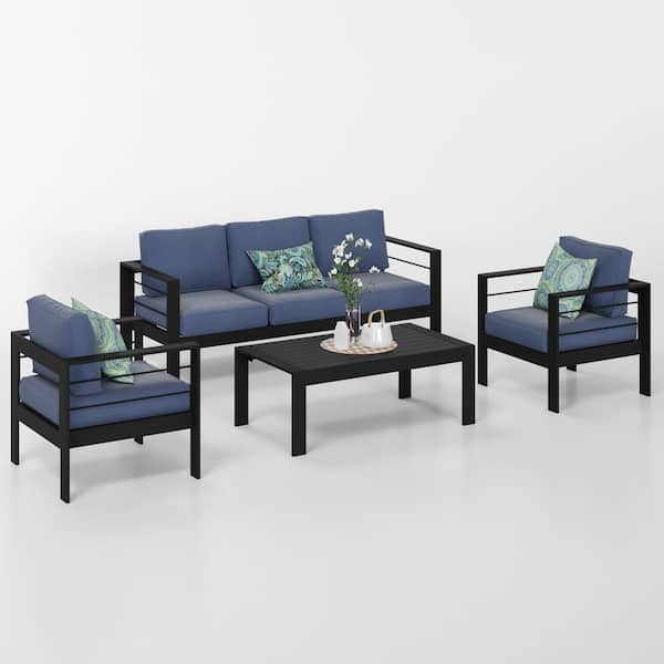Patio 4-Piece Aluminum Conversation Set with Blue Cushions and Black Frame