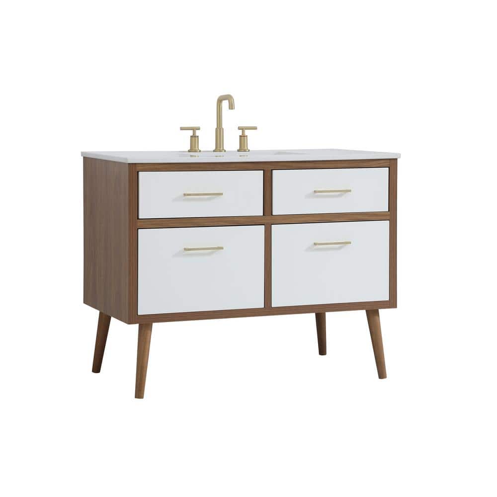 42" White MDF Bathroom Vanity with Gold Hardware and Engineered Marble Countertop
