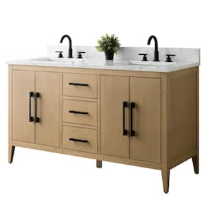 60 in. W x 22 in. D x 34 in. H Double-Sink Bathroom Vanity in Natural Oak with Engineered Marble Top in Arabescato White