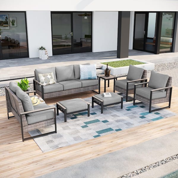 7 Pieces Patio Conversation Set Sofa Set with Ottomans and Side Table Gray PE Wicker with Gray Cushion