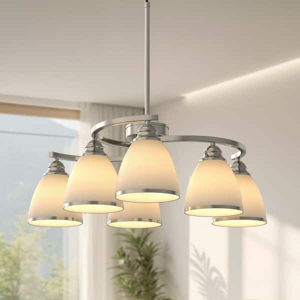 6-Light Modern Brushed Nickel Chandelier with Bowl Frosted White Glass Shades for Dining Room or Bedroom