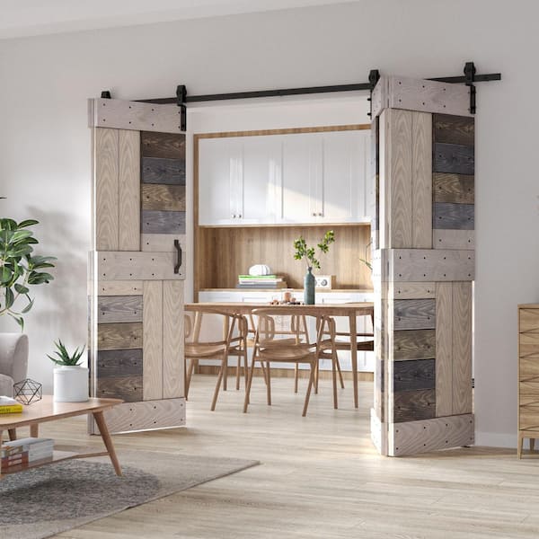 COAST SEQUOIA INC Coast Sequoia 72in. X 84in. Embossing Light Multi Knotty Wood Bi-Fold Barn Door With Sliding Hardware Kit