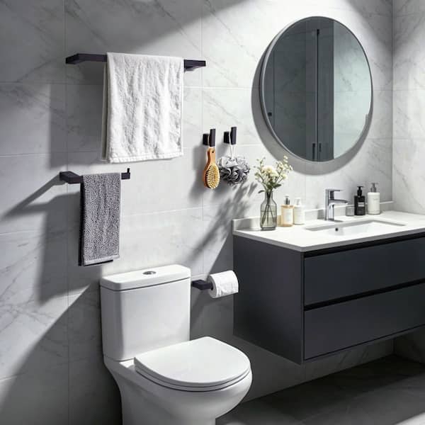5-Piece Bathroom Hardware Set with Towel Bar, Toilet Paper Holder and Towel Hooks in Matte Black
