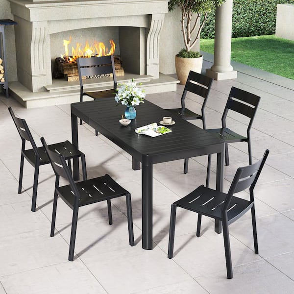 Pellebant 7-Piece Rust-Free Aluminum Rectangle Outdoor Patio Dining Set with 6-Stackable Chairs and Rectangular Table in Black