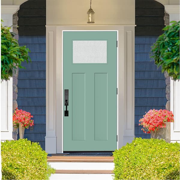 Legacy 36 in. x 80 in. 1/4 Toplite Rain Glass LHOS Primed Quarry Finish Fiberglass Prehung Front Door