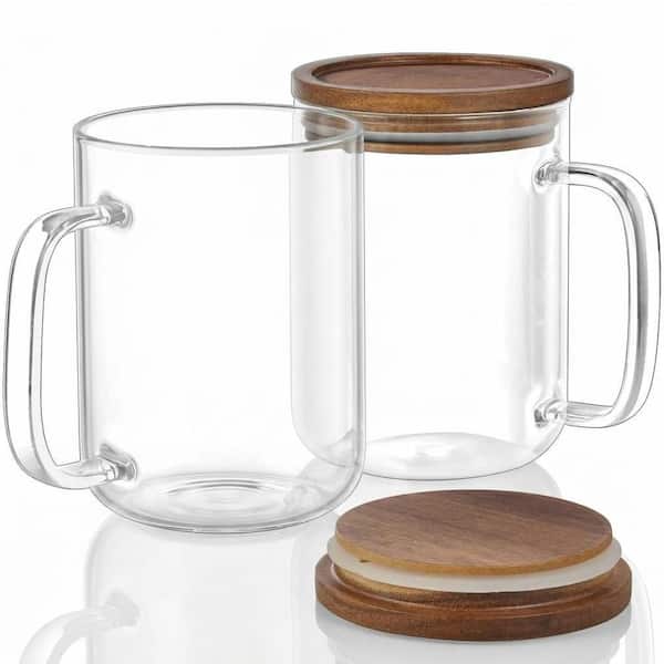 20 oz Clear Glass Mug Acacia Wood Lid Glass Family Borosilicate Glass Coffee Mug with Handle Set of 2