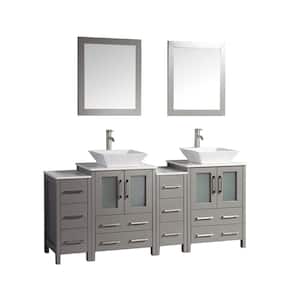 Ravenna 72 in. W x 18.5 in. D x 31.1 in. H Bathroom Vanity in Grey with Double Basin Top in White Quartz and Mirror
