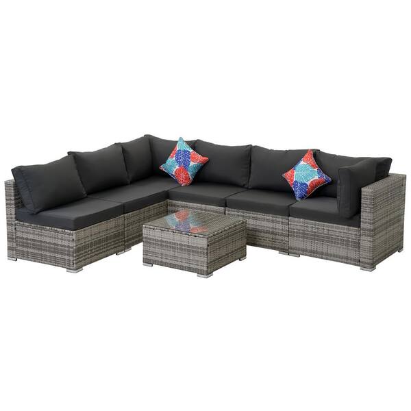 Cesicia 7-Piece Gray Rattan Wicker Outdoor Patio Conversation Sectional Sofa with Gray Cushions