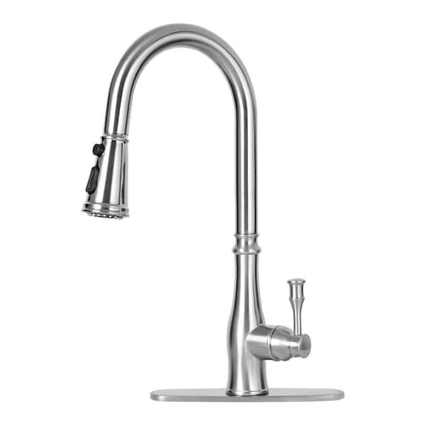 Akicon Brushed Nickel 18.19 in. H Single-Handle Pull-Down Sprayer Kitchen Faucet with 360° Spout Swivel