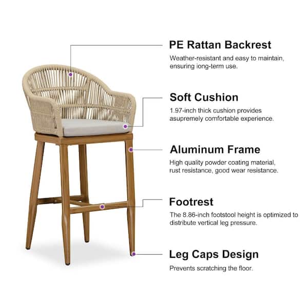 Modern Aluminum Rattan Bar Height Outdoor Bar Stool with Back and Beige Cushion (4-Pack)